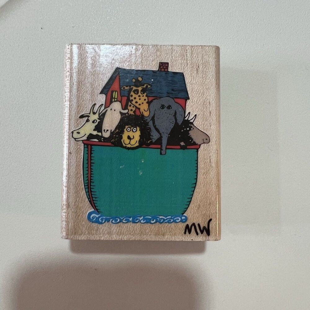 Wood Block Rubber Stamp Noah's Ark 490-E Rubber Stampede Elephant Lion Giraffe